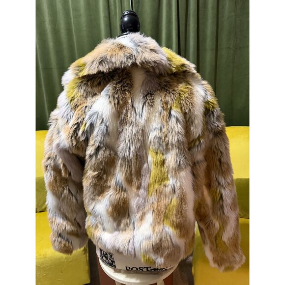 ZARA Multicolor Faux Fur Jacket | Plush | Tan Gray Yellow Short Coat S/M - Picture 4 of 7